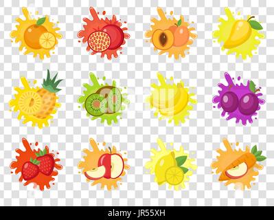 Frutti splash set di etichette. Gli spruzzi di frutta, gocce emblema.isolata su uno sfondo trasparente. Splash e blot kit. Illustrazione Vettoriale Illustrazione Vettoriale