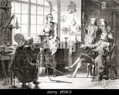 James Watt nella sua officina di Glasgow. James Watt, 1736 -1819. Inventore scozzese, ingegnere meccanico e chimico. Da Les Merveilles de la Science, pubblicato 1870. Foto Stock