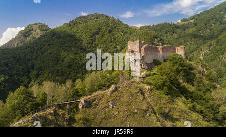 Vista aerea da rovinato Poenari castello sul monte Cetatea in Romania Foto Stock