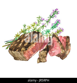 La carne bovina con il timo. Acquerello ribeye. Disegnata a mano illustrazione. Isolato su sfondo bianco. Foto Stock