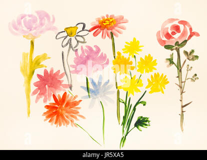 La formazione di disegno in stile suibokuga con vernici ad acquerello - vari fiori freschi su avorio carta colorata Foto Stock