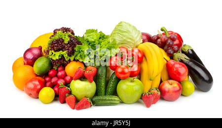 Raccolta di frutta fresca e verdura isolato su bianco Foto Stock