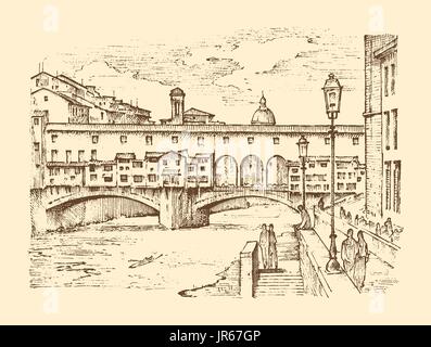 Paesaggio in città europea Firenze in Italia. incisi disegnati a mano nel vecchio disegno e stile vintage. architettura storica con edifici in prospettiva. Cartolina di viaggio. Ponte Vecchio. Illustrazione Vettoriale
