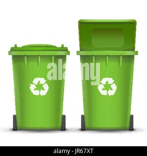 Green recycling bin vettore della benna per vetro cestino. Aperto e Chiuso. Vista frontale. Segno freccia. Illustrazione isolato Illustrazione Vettoriale