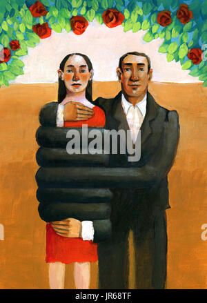 Un uomo abbraccia una donna avvolgendolo completamente con bracci lunghi Foto Stock