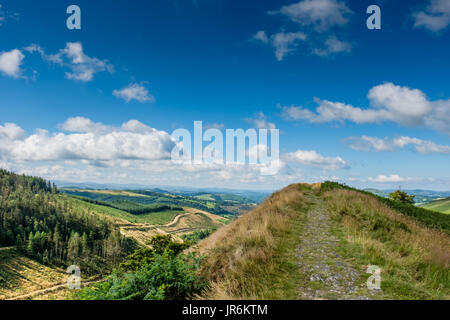 Guardando attraverso Carmarthenshire, da Sugar Loaf, vicino Cynghordy, Carmarthenshire, Wales, Regno Unito Foto Stock
