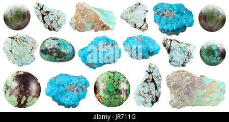 Raccolta di vari Turchese naturale gemme isolati su sfondo bianco Foto Stock