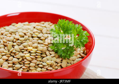 Ciotola di greggio di lenticchie marrone - close up Foto Stock