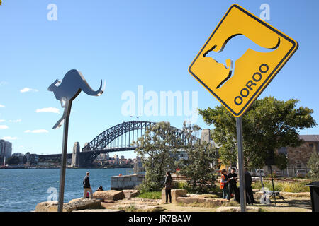 Sydney, Australia. Il 4 agosto 2017. Nella foto: 'Kangooroo' dall artista Richard ribaltamento. La scultura a Barangaroo, presentato in partenariato con il molo di Barangaroo autorità per la consegna e la scultura dal mare, ha avuto il suo avvio di media player su a Barangaroo riserva. Il lancio previsto un primo sguardo a questo anno la mostra a Sydney il più spettacolare Harbour Foreshore riserva. Credito: Richard Milnes/Alamy Live News Foto Stock