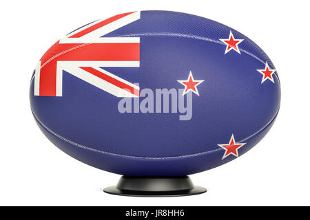 Pallone da rugby con la bandiera della Nuova Zelanda sulla sfera di stand, rendering 3D Foto Stock