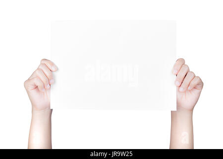 Mano azienda bianco carta vuoto isolato su bianco Foto Stock