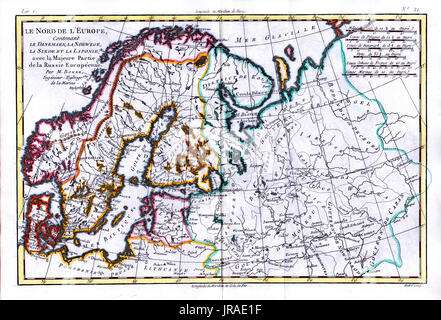 1780 Bonne antica mappa della Scandinavia tra i quali la Svezia, la Finlandia, la Norvegia e la Danimarca. Foto Stock