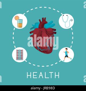 Colore di sfondo con cuore organo in centro con le icone intorno al testo la salute Illustrazione Vettoriale