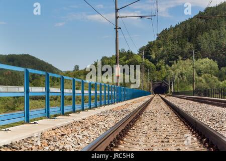 L'ingresso alla galleria il ponte ferroviario. Il viaggio in treno in Europa Foto Stock