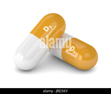 3D render di vitamina D3 pillole su sfondo bianco Foto Stock