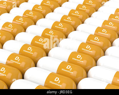 3D render di vitamina D3 pillole in fila su sfondo bianco Foto Stock