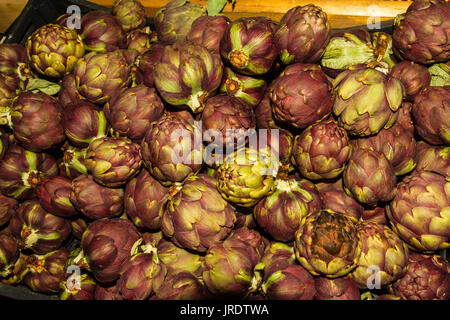 Viola carciofi o Cynara cardunculus impilati sul lo stallo italiano del mercato alimentare. Foto Stock