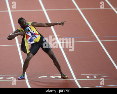 Londra, Regno Unito. 5 agosto 2017. Usain Bolt 100 metri Mens Finale Mondiale di Atletica 2017, Londra London Stam, Londra, Inghilterra 05 agosto 2017 mondiali di atletica 2017 Londra Stam Londra Inghilterra Credito: Allstar Picture Library/Alamy Live News Foto Stock