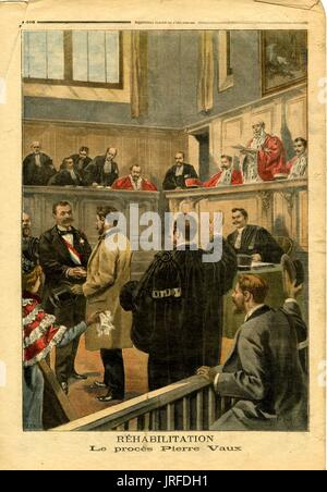 Petit Journal back cover, intitolato "Riabilitazione, Le processo Pierre Vaux', due uomini stanno scuotendo le mani nel mezzo di un tribunale e di chiunque altro cerca su 1890. Foto Stock