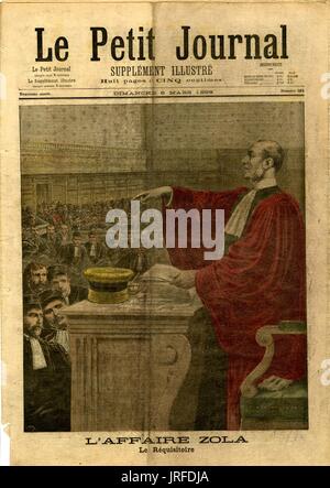 Le Petit Journal coprire intitolata 'L'affaire Zola, Re Requisitoire', numero 381, un giudice in un ampio mantello rosso è in piedi al suo banco e con la punta rivolta verso il basso in corrispondenza di persone durante il caso Zola, 1898. Foto Stock