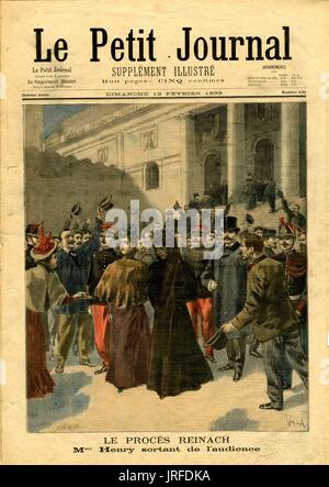 Le Petit Journal coprire intitolato 'Le 0001 Reinach, M Henry sortant de l'audience', numero 430, la Signora Henry viene scortato fuori della Corte casa mentre molte persone a guardare e sollevare i loro cappelli, lei non è felice, 1899. Foto Stock