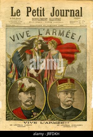 Le Petit Journal coprire intitolato "Vive l'Armée', numero 376, un uomo del militare e un womanand tenendo le mani nella parte anteriore di una bandiera francese, sono al di sotto di un viso di generale Edouard Ferdinando Jamont e governatore generale Emile Auguste Zurlinden di Parigi, 1898. Foto Stock