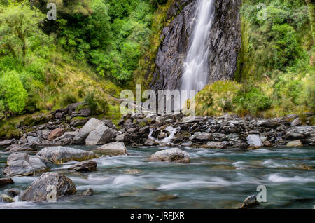 Thunder Creek Falls sul Haast HWY, Isola del Sud, Nuova Zelanda Foto Stock