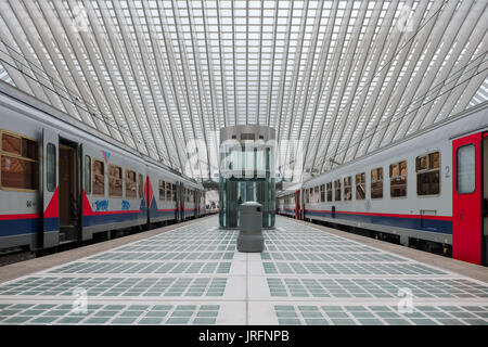 NMBS treni sulle principali piattaforme di Guillemins stazione ferroviaria, domenica 19 luglio 2015, Liège, Belgio. Foto Stock