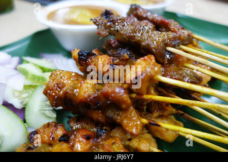 Carni di montone e di pollo satay con un trito di cetrioli e cipolle Foto Stock