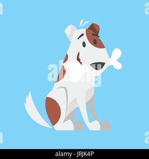 Vettore stile fumetto illustrazione di carino Happy dog osso di contenimento nella sua bocca. Illustrazione Vettoriale