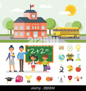 Vettore stile piatto illustrazione dell edificio scolastico e autobus gialli. Istruzione relativi oggetti e personaggi. Illustrazione Vettoriale