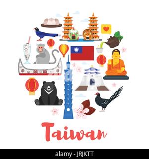 Vettore stile piatta forma di cerchio composizione di Taiwan i simboli culturali. Modello per un banner o un poster per il turista. Isolato su sfondo bianco Illustrazione Vettoriale