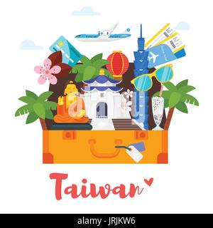 Vettore stile piatto composizione di Taiwan i simboli culturali. Modello per un banner o un poster per il turista. Isolato su sfondo bianco Illustrazione Vettoriale