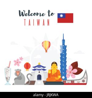 Vettore stile piatto composizione di Taiwan i simboli culturali. Modello per un banner o un poster per il turista. Isolato su sfondo bianco Illustrazione Vettoriale