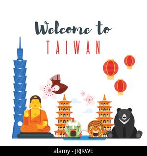 Vettore stile piatto composizione di Taiwan i simboli culturali. Modello per un banner o un poster per il turista. Isolato su sfondo bianco Illustrazione Vettoriale