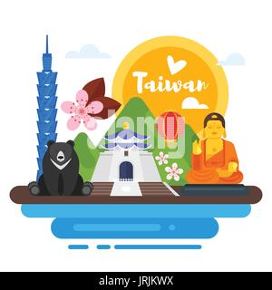 Vettore stile piatto composizione di Taiwan i simboli culturali. Modello per un banner o un poster per il turista. Isolato su sfondo bianco Illustrazione Vettoriale