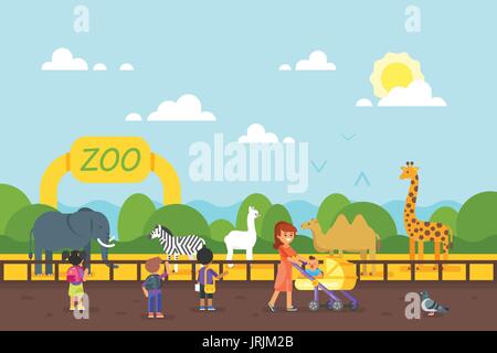 Vettore stile piatto illustrazione degli animali negli zoo. I bambini sono la visita allo zoo. Buona giornata di sole. Illustrazione Vettoriale