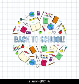Set di colorate legate alla scuola elementi organizzati in un cerchio con un 'Ritorno a scuola!' iscrizione. Illustrazione Vettoriale