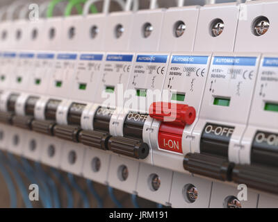 Interruttori nella scatola fusibili. Molti circuito nero brakers in una fila in posizione OFF e uno rosso interruttore in posizione ON. 3d illustrazione Foto Stock