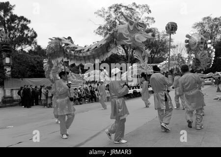 HAI DUONG, Vietnam, 14 febbraio: un gruppo di popoli asiatici dance dragon in feste popolari il 14 febbraio 2014 in Con Son pagoda, Hai Duong, Vietnam. Foto Stock