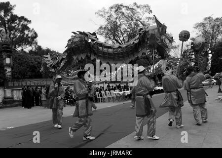 HAI DUONG, Vietnam, 14 febbraio: un gruppo di popoli asiatici dance dragon in feste popolari il 14 febbraio 2014 in Con Son pagoda, Hai Duong, Vietnam. Foto Stock