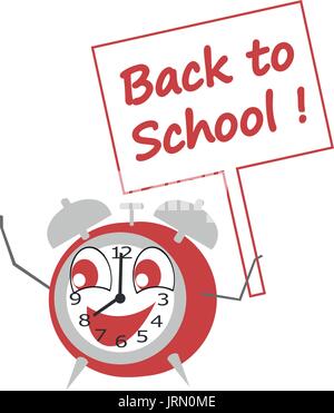 Un allarme orologio tiene un segno in mano per avvertire che è arrivato il momento di ritornare a scuola Illustrazione Vettoriale