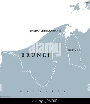 Brunei mappa politico con capitale Bandar Seri Begawan. Etichetta inglese. La nazione del Brunei, la dimora di pace. Paese in Asia. Illustrazione. Foto Stock