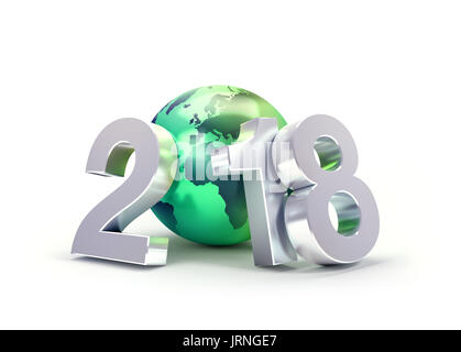 2018 Anno Nuovo tipo composto con una verde del pianeta terra, isolato su bianco - 3D illustrazione Foto Stock