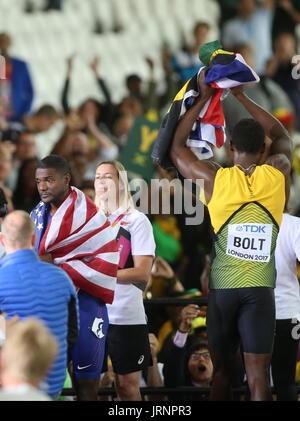 Londra, Regno Unito. 5 agosto 2017. Justin Gatlin & Usain Bolt 100 metri Mens Finale Mondiale di Atletica 2017, Londra London Stam, Londra, Inghilterra 05 agosto 2017 mondiali di atletica 2017 Londra Stam Londra Inghilterra Credito: Allstar Picture Library/Alamy Live News Foto Stock