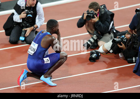 Londra, Regno Unito. 05-Ago-17. Justin GATLIN dopo aver vinto gli Uomini 100m Finale al 2017, IAAF Campionati del Mondo, Queen Elizabeth Olympic Park, Stratford, Londra, Regno Unito. Credito: Simon Balson/Alamy Live News Foto Stock