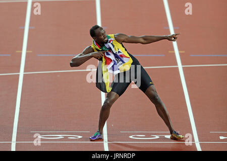 Londra, Regno Unito. 05-Ago-17. Usain Bolt dopo gli Uomini 100m Finale al 2017, IAAF Campionati del Mondo, Queen Elizabeth Olympic Park, Stratford, Londra, Regno Unito. Credito: Simon Balson/Alamy Live News Foto Stock