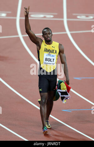 Londra, Regno Unito. 05-Ago-17. Usain Bolt dopo gli Uomini 100m Finale al 2017, IAAF Campionati del Mondo, Queen Elizabeth Olympic Park, Stratford, Londra, Regno Unito. Credito: Simon Balson/Alamy Live News Foto Stock