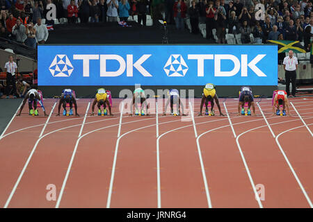 Londra, Regno Unito. 05-Ago-17. Inizio del 100m uomini finale al 2017, IAAF Campionati del Mondo, Queen Elizabeth Olympic Park, Stratford, Londra, Regno Unito. Credito: Simon Balson/Alamy Live News Foto Stock