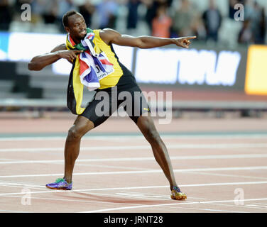 Londra, Regno Unito. 05 Ago, 2017. Justin Gatlin (USA) vince il concorso oltre il favorito Usain Bolt (JAM) presso la IAAF Atletica Campionati del Mondo - Londra 2017 Credit: Mariano Garcia/Alamy Live News Foto Stock